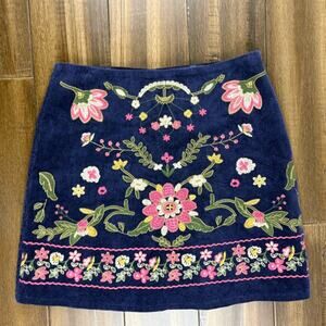Harper Heritage Navy Mini Corduroy Skirt with intricate Floral Embroidery Fitted